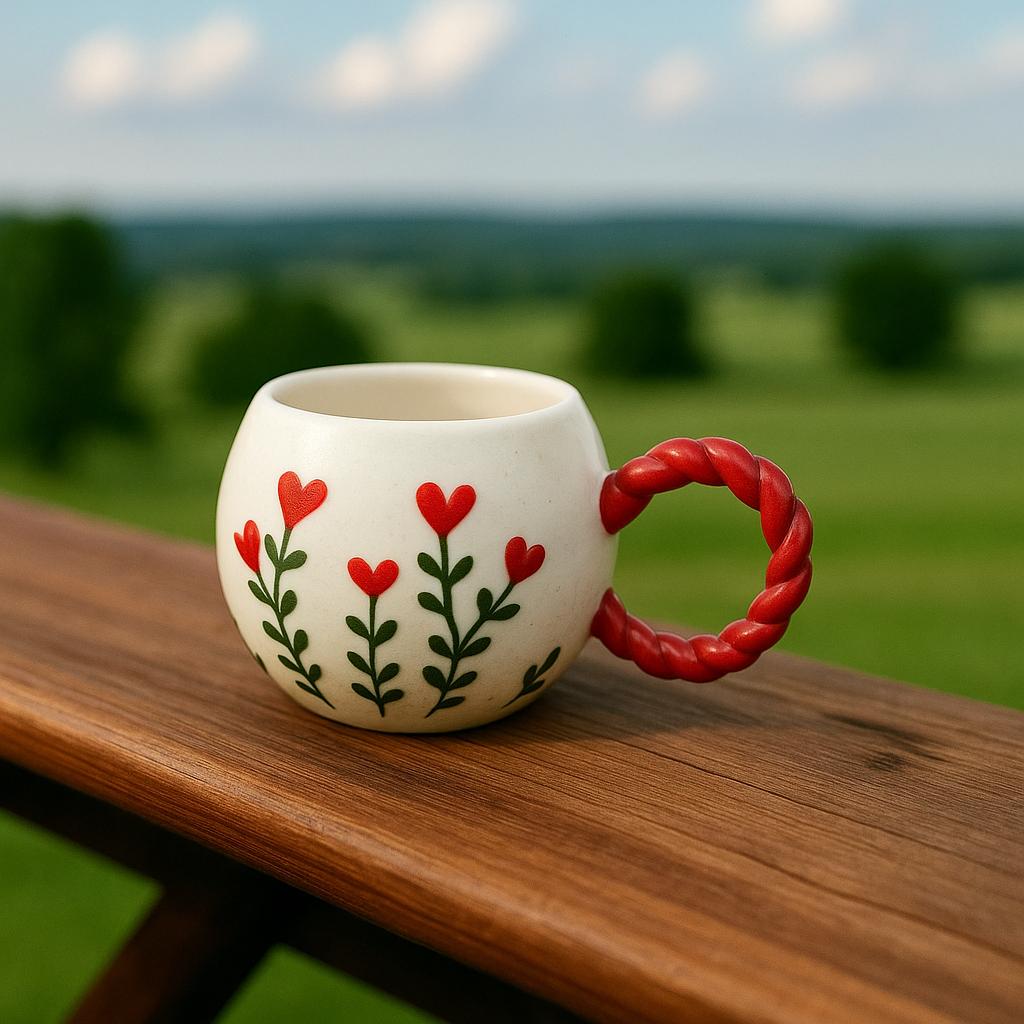 Handmade Floral Ceramic Mugs With Bubble Handle Set Of 2