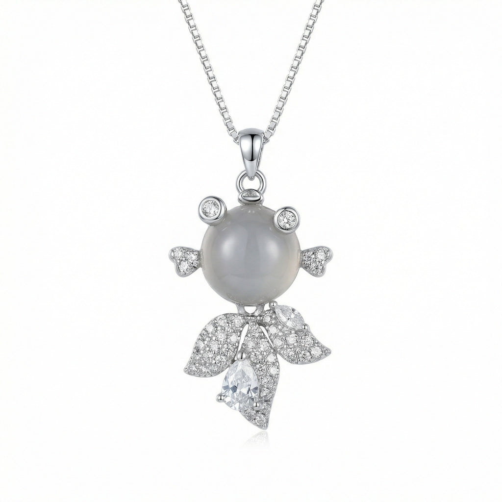 925 Sterling Silver Elegant Silver Fancy Fish Necklace with Grey Moonstone and Sparkling Crystal Accents