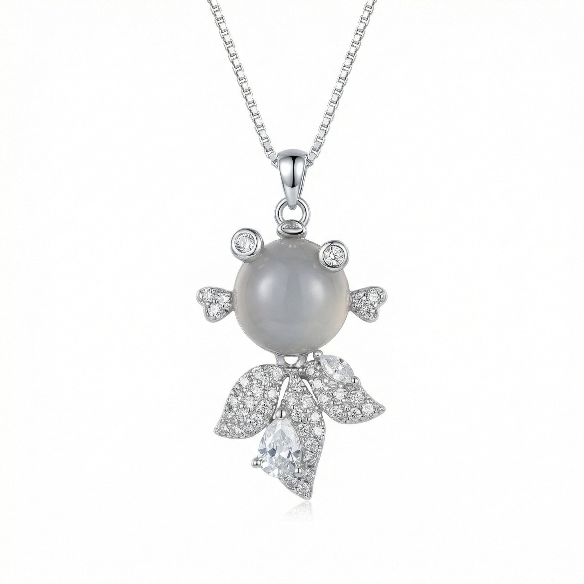 925 Sterling Silver Elegant Silver Fancy Fish Necklace with Grey Moonstone and Sparkling Crystal Accents