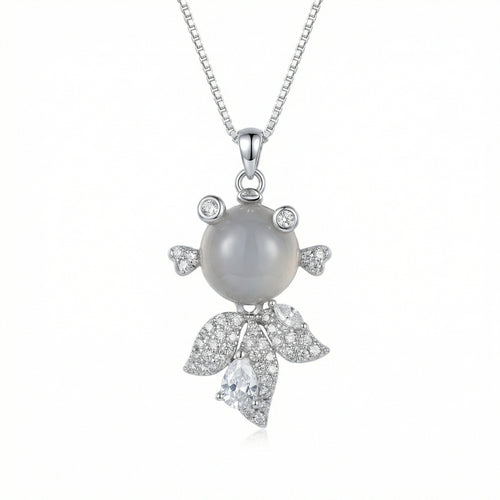 925 Sterling Silver Elegant Silver Fancy Fish Necklace with Grey Moonstone and Sparkling Crystal Accents