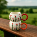 Handmade Floral Ceramic Mugs With Bubble Handle Set Of 2