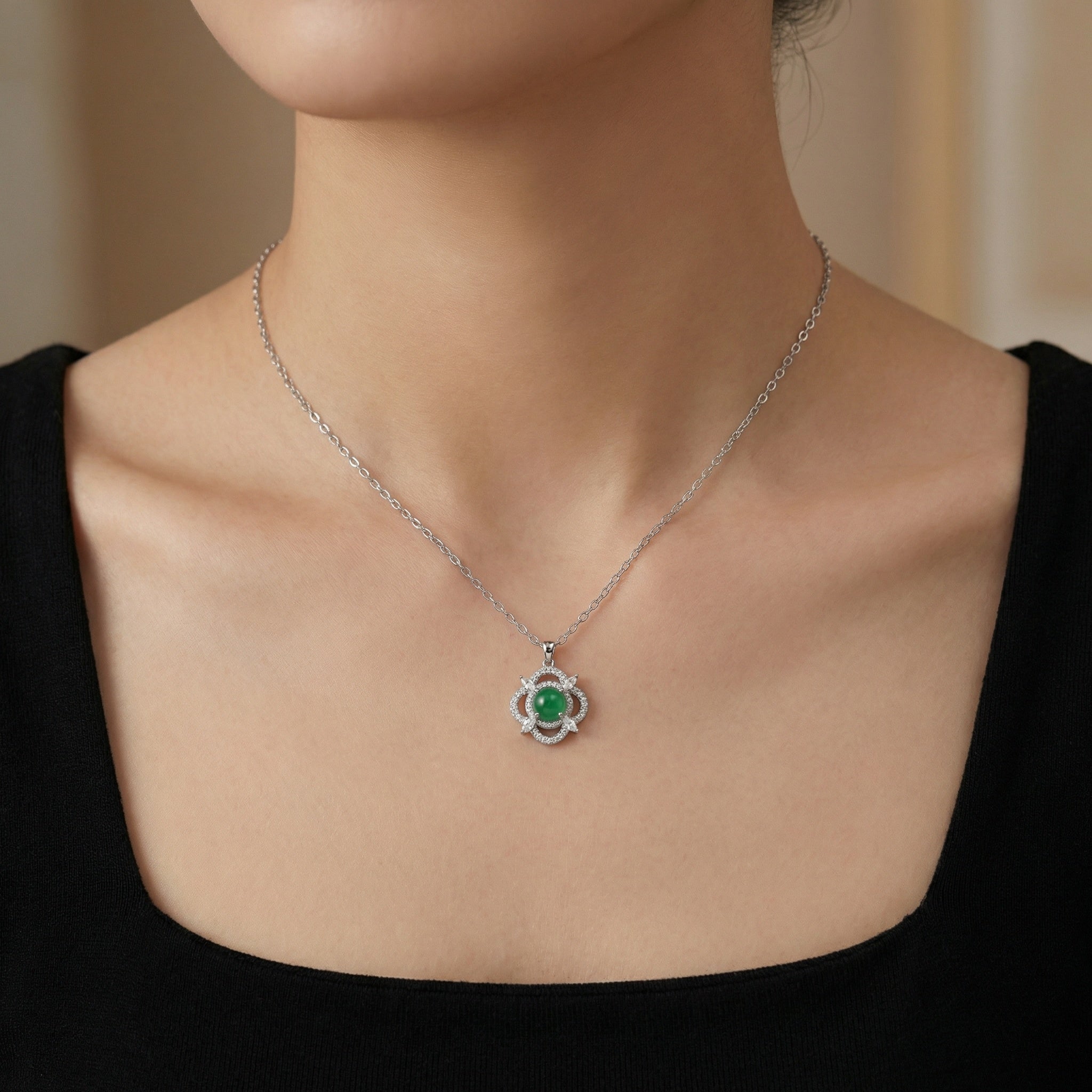 925 Sterling Silver Exquisite Sterling Silver Green Jade Pendant Necklace with Sparkling Marquise and Round Accents