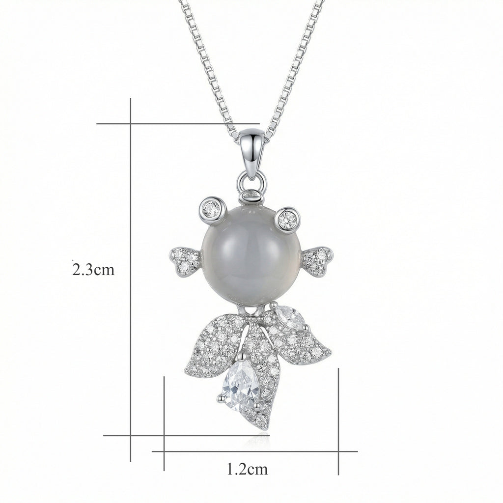 925 Sterling Silver Elegant Silver Fancy Fish Necklace with Grey Moonstone and Sparkling Crystal Accents