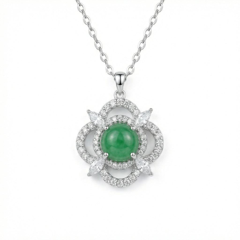 925 Sterling Silver Exquisite Sterling Silver Green Jade Pendant Necklace with Sparkling Marquise and Round Accents