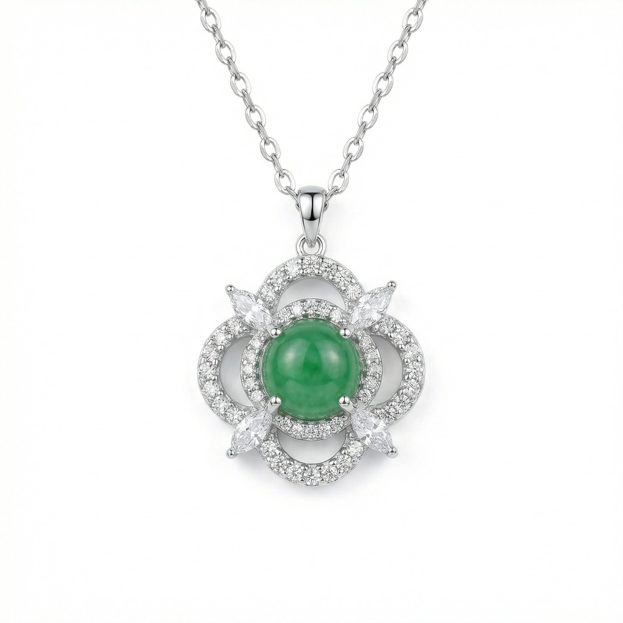 925 Sterling Silver Exquisite Sterling Silver Green Jade Pendant Necklace with Sparkling Marquise and Round Accents