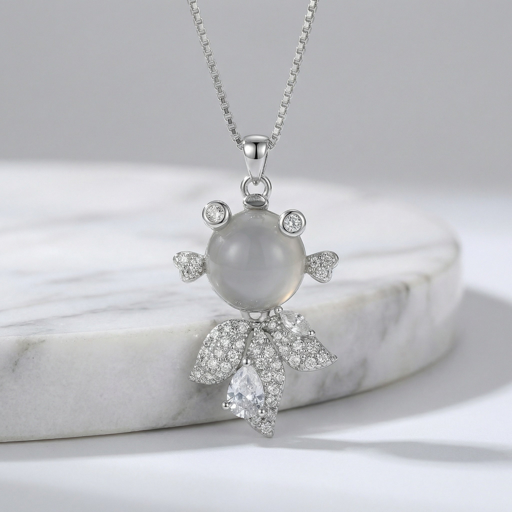 925 Sterling Silver Elegant Silver Fancy Fish Necklace with Grey Moonstone and Sparkling Crystal Accents